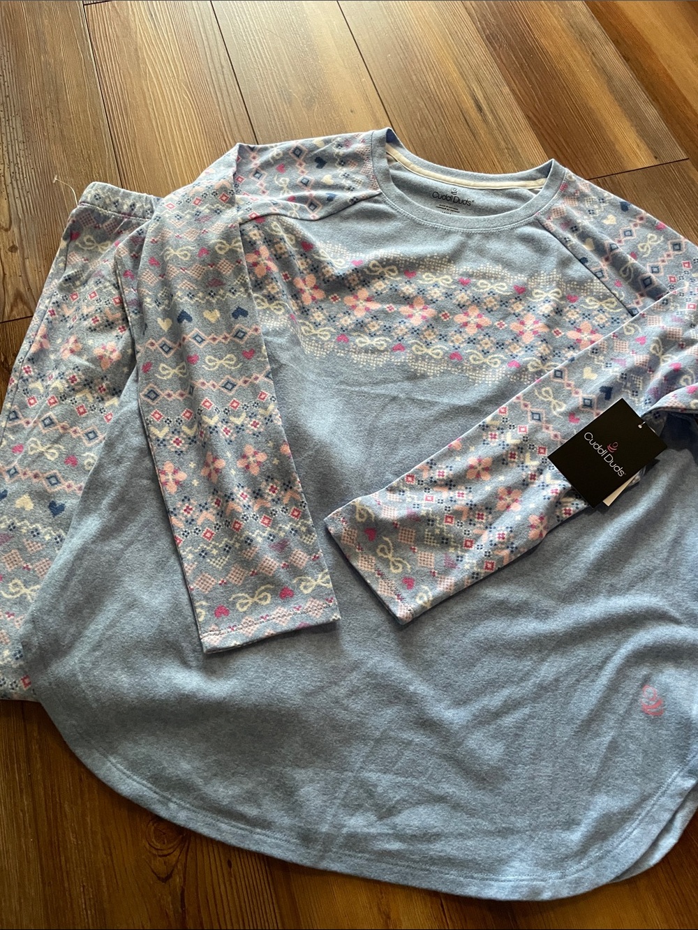 Cuddl Duds Light Blue Fair Isle Long Sleeve Top with Pink & Cream Accents